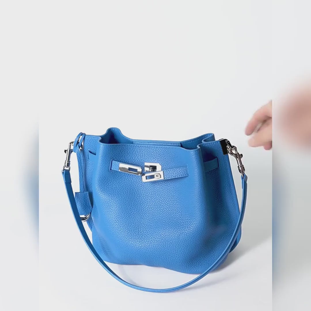 Genuine Leather Lychee Grain Bucket Bag for Women Vintage Soft Crossbody Shoulder Bag