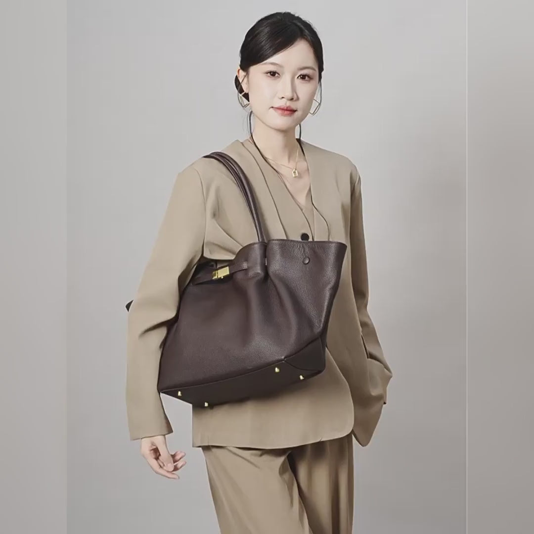 Genuine Leather Large Tote Bag for Women Laptop Shoulder Handbag Dumpling Shape